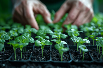 Poster - A close-up of hands transplanting seedlings into larger pots for stronger root development. Concept of seedling care. Generative Ai.