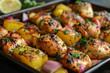 Grilled chicken and potatoes arranged on a serving tray
