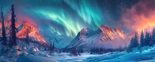 Amazing View Of Northern Lights Over Snowy Mountains And Trees In Sky