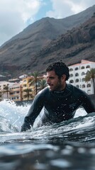 Wall Mural - Athletic young man surfing a wave in a wetsuit in Tenerife