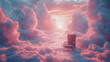 An empty chair in surreal pink heaven surrounded by clouds. Surreal dreamscape.