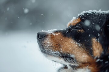 Wall Mural - portrait of a frozen cute dog snow blured screet background