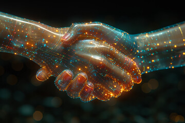 Aufkleber - a holographic handshake between diverse individuals, symbolizing digital collaboration and unity in 