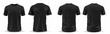 Four black T-shirts in row front and back, banner, for advertising and lettering, copy space, template, mock up, mockup