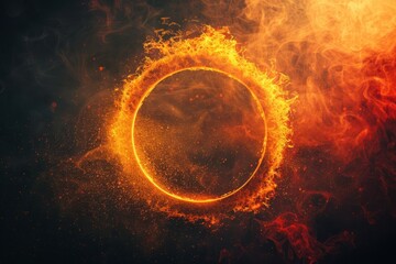 Wall Mural - Glowing burning ring dark background grainy gradient orange red yellow black noise texture