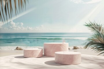 Poster - Natural podium product display backdrop with dreamy sand beach vacation concept