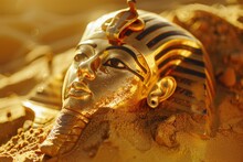 Pharaoh Tutankhamuns Golden Death Mask On Sand