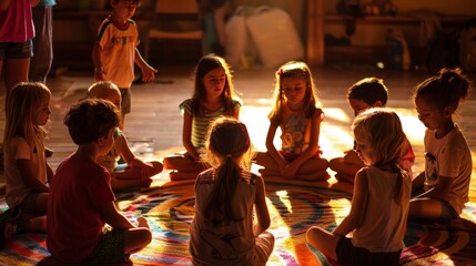 A group of children sitting in a circle on a rug