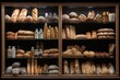 Close-up of an exquisite bakery showcase displaying freshly baked goods and pastries