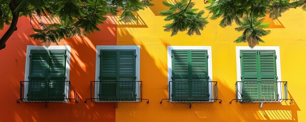 Wall Mural - stylish yellow and orange building facade with green window shades