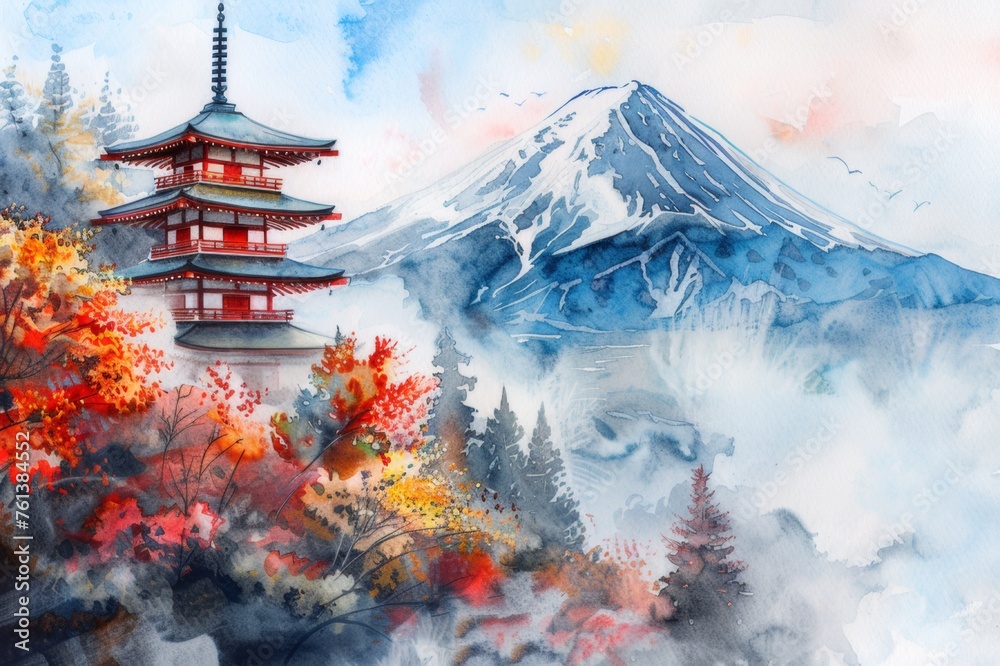 Watercolor image of a rare scene of Chureito Pagoda and Mount Fuji with ...