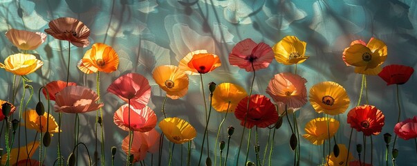 Wall Mural - various colorful poppies in front of a wall illuminated