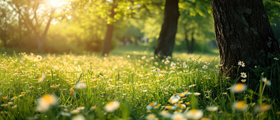 Beautiful spring nature landscape with blooming trees. Scenery meadow, green hills, glade with flowers on sunny day. Springtime. Generative ai 