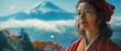 Elegant woman in traditional Japanese attire admiring Mount Fuji surrounded by autumn foliage and clouds, symbolizing serenity and cultural heritage