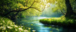 Beautiful spring nature landscape with view on river or lake. Meadow, green hills, glade with flowers on sunny day. Springtime. Summertime. Generative ai