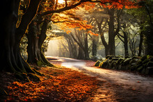 Characteristics Scenery In Park Of Walkway Next In Tree Red Autumn. Landscape Natural Road In Beautiful Forest With The Morning Sunlight. Realistic Clipart Template Pattern.	
