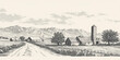 © Hunman - Rural landscape with a farm in engraving style. Hand drawn Illustration.