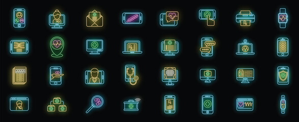 Poster - telemedicine icons set outline vector. remote doctor. app screen neon color isolated