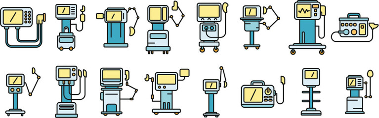 Poster - ventilator medical machine icons set outline vector. air ventilator. breathing computer thin line co