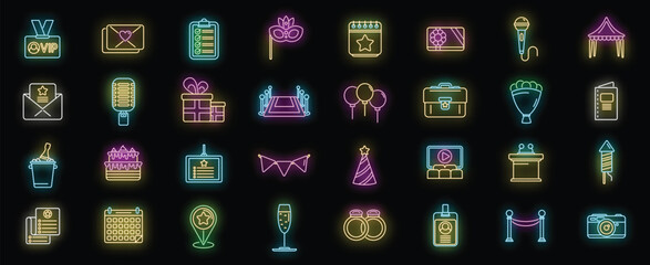 Poster - Event management icons set outline vector. Conference participant. Invite sponsorship neon color isolated