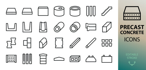 Precast reinforced concrete isolated icons set. Set of concrete slab, drainage tray, well ring, culvert pipe, road kerb, paving slabs, foundation block, concrete piles, fence panel, power pole icon