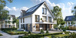 Beautiful large modern house and energy solar panels glossy windows sunshiny background