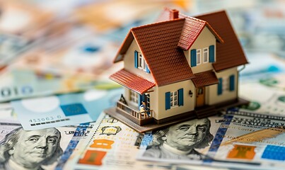 Poster - Global Real Estate Valuation, Macro Close-Up of Model House Amid Currency Stacks