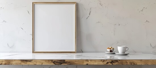 Canvas Print - A rectangular picture frame hangs on a marble counter next to a cup of coffee in a building with hardwood flooring and metal fixtures