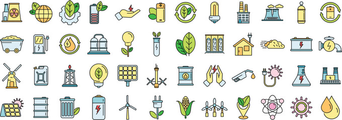 Poster - Natural resources icons set outline vector. Nature energy. Clean save thin line color flat isolated