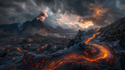 Wall Mural - a volcano with a lava flow is shown in the distance
