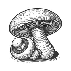 Mushrooms champignon, showcasing detailed line art sketch engraving generative ai raster illustration. Scratch board imitation. Black and white image.