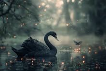 A Black Swan Gracefully Dances In A Moonlit Forest Clearing, Surrounded By Glowing Fireflies And Mystical Fog, Creating An Enchanting And Otherworldly Scene.