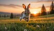 A Rabbit Hopping Through A Meadow At Sunset