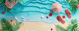 Fototapeta Motyle - summer beach concept for banners, a paper-cut top view background of a tropical beach, an umbrella, flip flops, and a beach towel, essence of summer holidays and relaxation. flat lay copy space