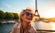 Happy woman with travel in Paris, Cheerful Female near Eiffel Tower, Travel to Europe