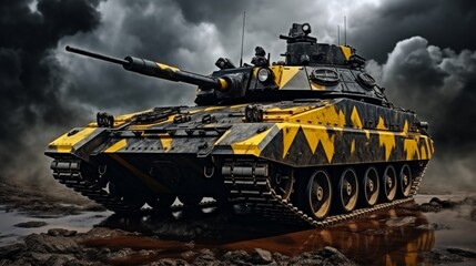 Ukraine flag adorned battle tank   military heavy vehicle for war and defense operations