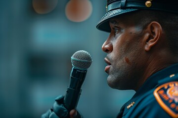 Public affairs officer holding a microphone at an official event