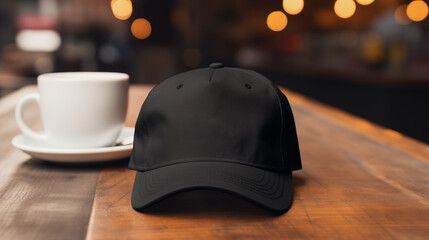 Wall Mural - black baseball cap placed on a rustic wooden table in a cozy coffee shop, with steam rising from a cup of espresso in the background,