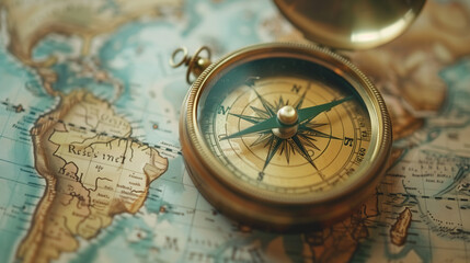 close-up of an antique compass on a vintage world map, ideal for travel and adventure themes.