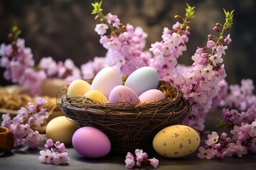  Happy Easter. Congratulatory easter background. Easter eggs and flowers - generative ai