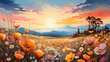 landscape with flowers, Surrealistic painting  Beautiful spring flower field background.