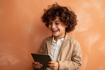 The kid model with a delighted smile, composing a digital artwork on a tablet against a cream solid wall background.