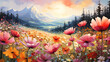 Surrealistic painting  Beautiful spring flower field background.