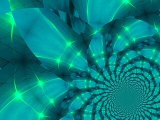 Poster - Turquoise green background with mosaic effect, depth, symmetry, lights and suns rays, infinity - abstract graphic. Topics: card, abstraction, pattern, texture, image, art computer