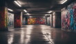 Empty underground parking with graffiti wall abstract background. Idea for artistic pop art background