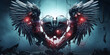 A dark, glowing, robotic heart with angel wings made of metal and feathers.