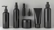 Set of black cosmetic bottles on white background. Clear plastic container for cream, gel, lotion, lotion, shampoo, shower gel, foundation, cream or lotion