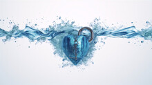 3D Rendering Of A Heart Made Of Water With A Keyhole And A Chain Underwater With A White Background.