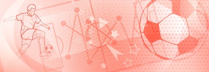 Football themed background in red tones with abstract dots, meshes and curves, with sport symbols such as a football player, stadium and ball
