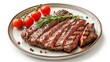 © chanidapa - Grilled sliced Beef Steak with tomatoes and rosemary on a plate Isolated on white background